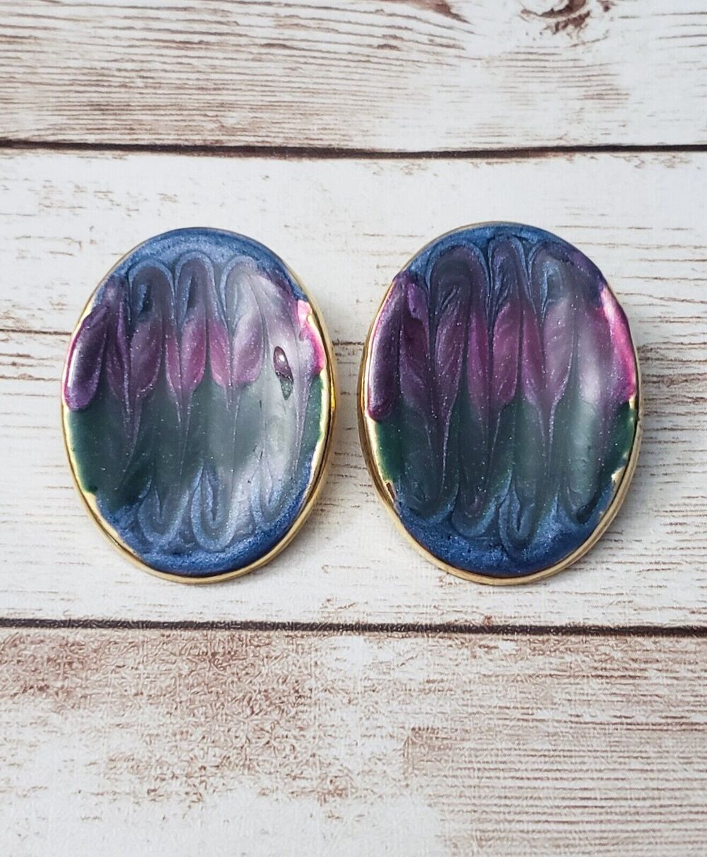 Vintage Clip On Earrings - Oval Multi Tone Large Statement Earrings